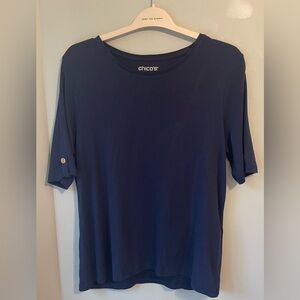 Chico’s | 100% Cotton Elbow Sleeve Button Tab Top | Navy Blue | sz 2 / L